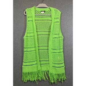 City Girl Nancy Bolen Lime Green Crochet Knit Fringe Vest 9570K-E5 Womens Medium